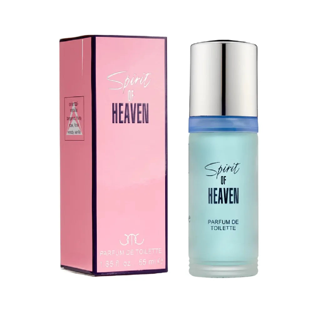 Perfume bottle and packaging of 'Spirit of Heaven' on a white background